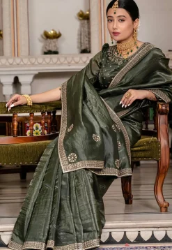 Embellished Art Silk Saree in Dark Green