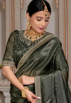 Embellished Art Silk Saree in Dark Green