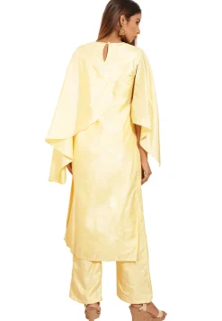 Embellished Art Silk Straight Kurta Set in Pastel Yellow