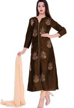 Embellished Art Silk Straight Suit in Dark Brown