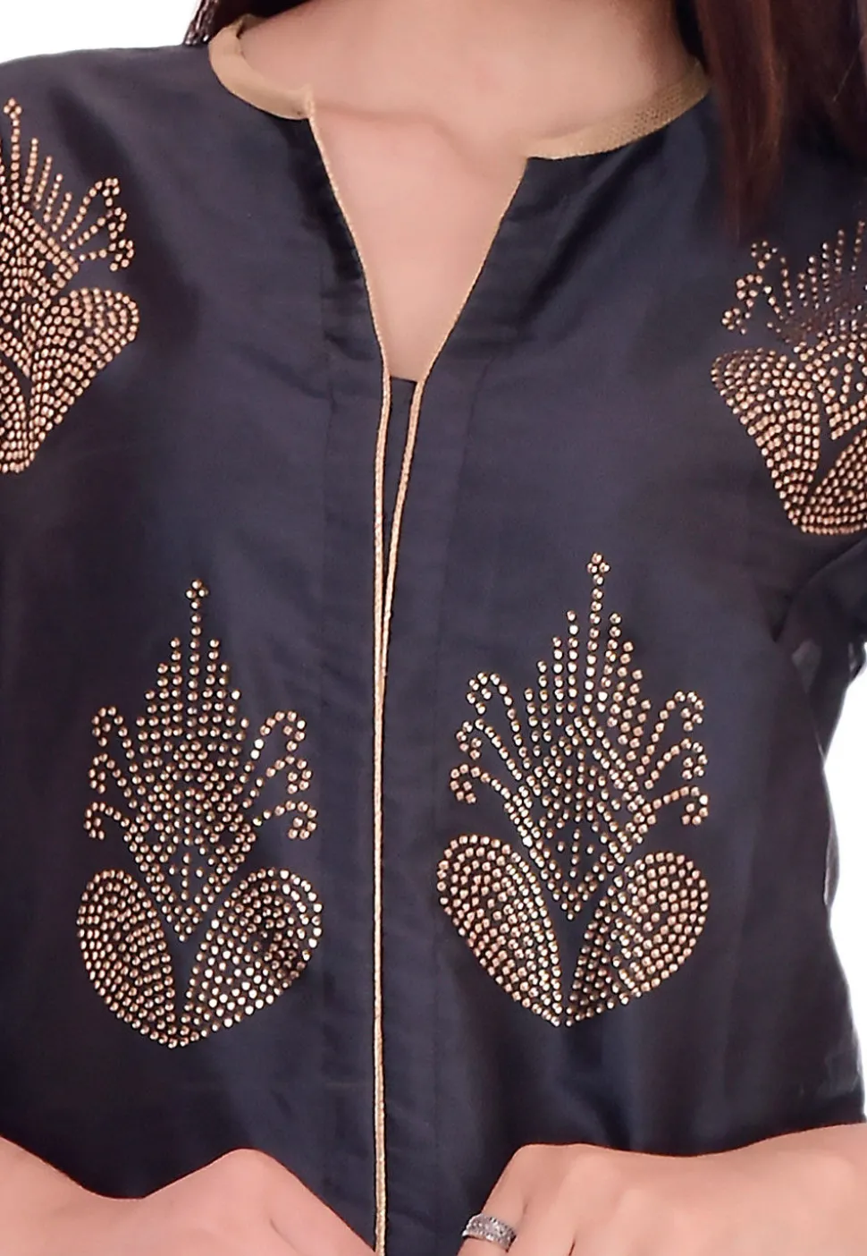 Embellished Art Silk Straight Suit in Dark Grey