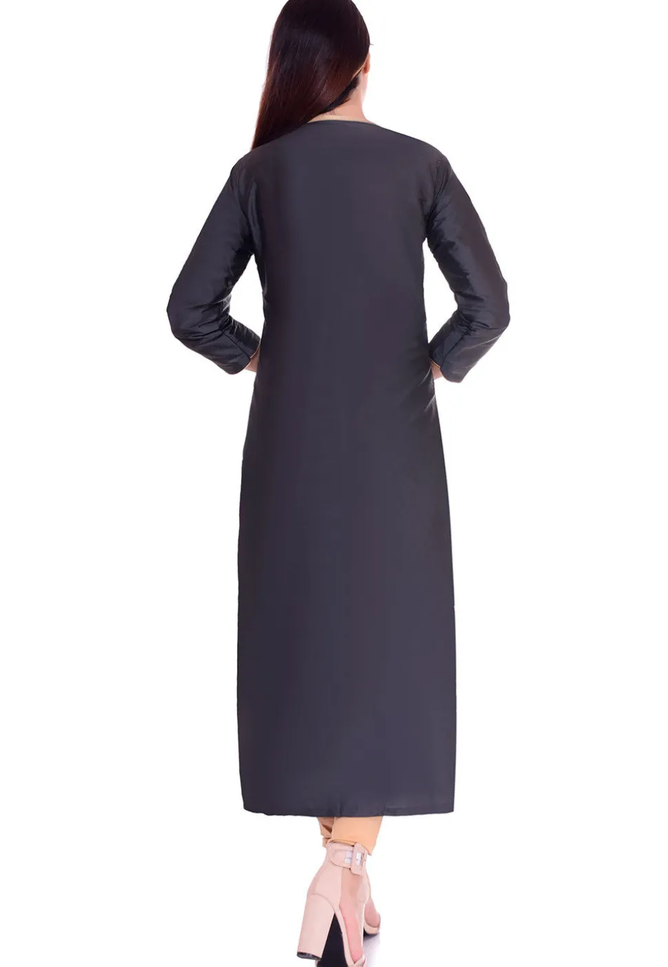Embellished Art Silk Straight Suit in Dark Grey