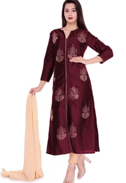 Embellished Art Silk Straight Suit in Dark Wine