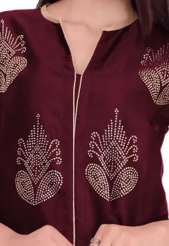 Embellished Art Silk Straight Suit in Dark Wine