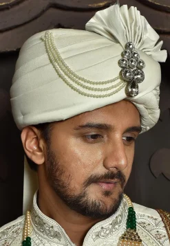 Embellished Art Silk Turban in Off White