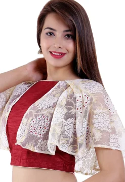 Embellished Bhagalpuri Silk Padded Blouse in Maroon and Off-White
