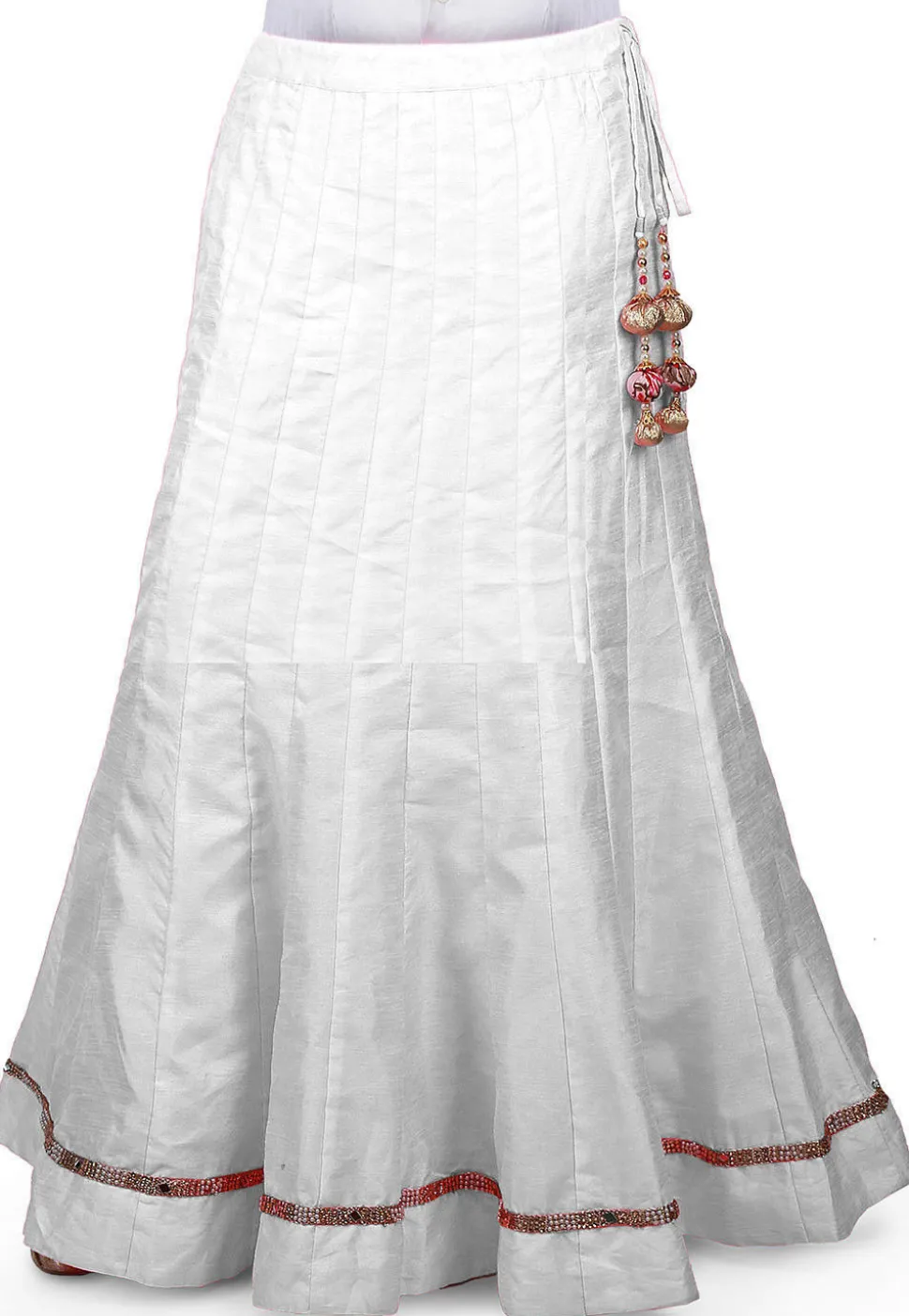 Embellished Border Bhagalpuri Silk Long Skirt in White