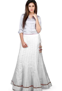 Embellished Border Bhagalpuri Silk Long Skirt in White