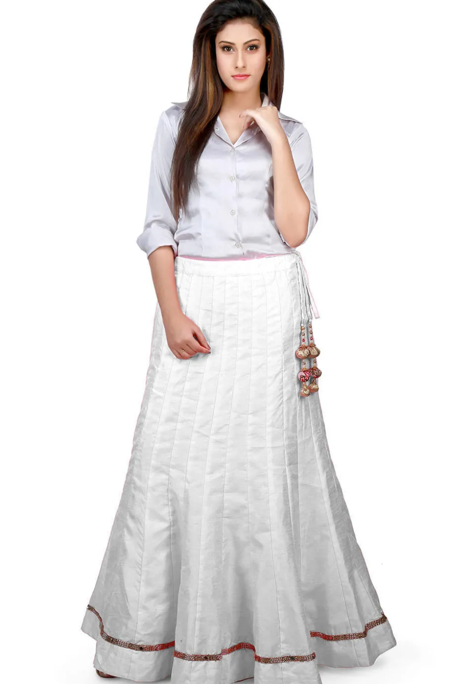 Embellished Border Bhagalpuri Silk Long Skirt in White