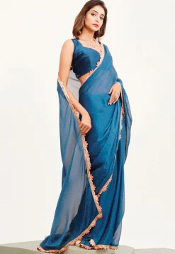 Embellished Border Chiffon Scalloped Saree in Teal Blue