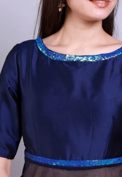 Embellished Caroon Satin Gown in Navy Blue