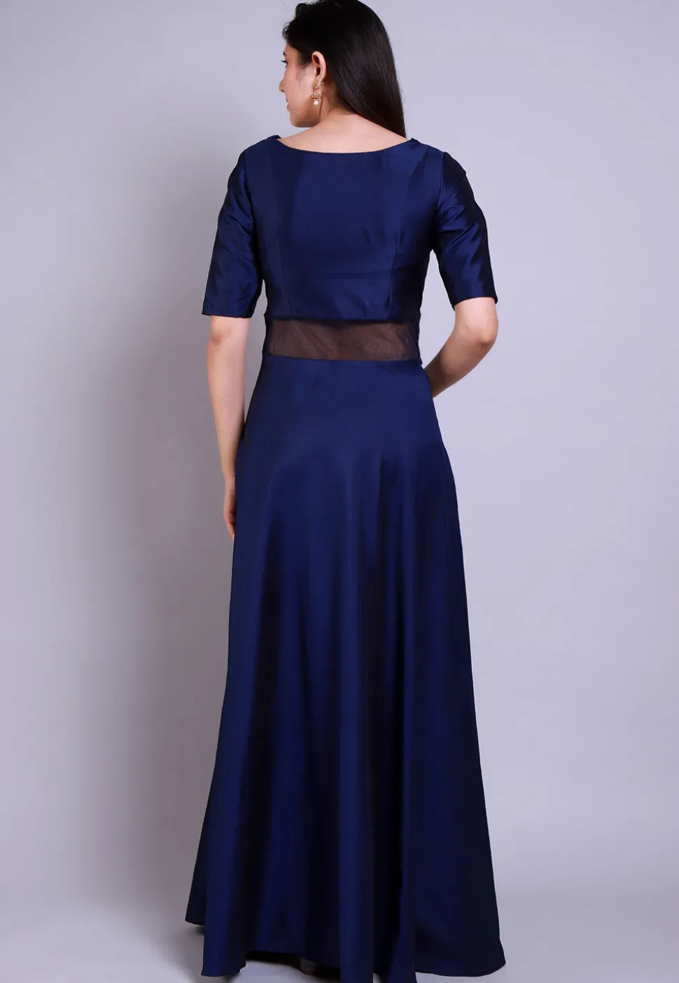 Embellished Caroon Satin Gown in Navy Blue