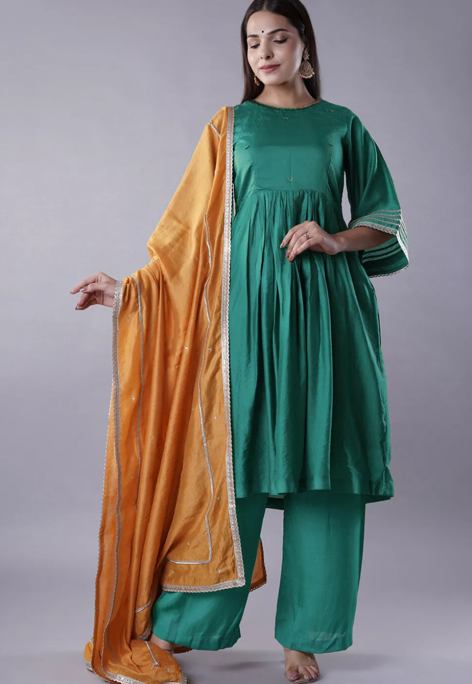 Embellished Chanderi Cotton Pakistani Suit in Green