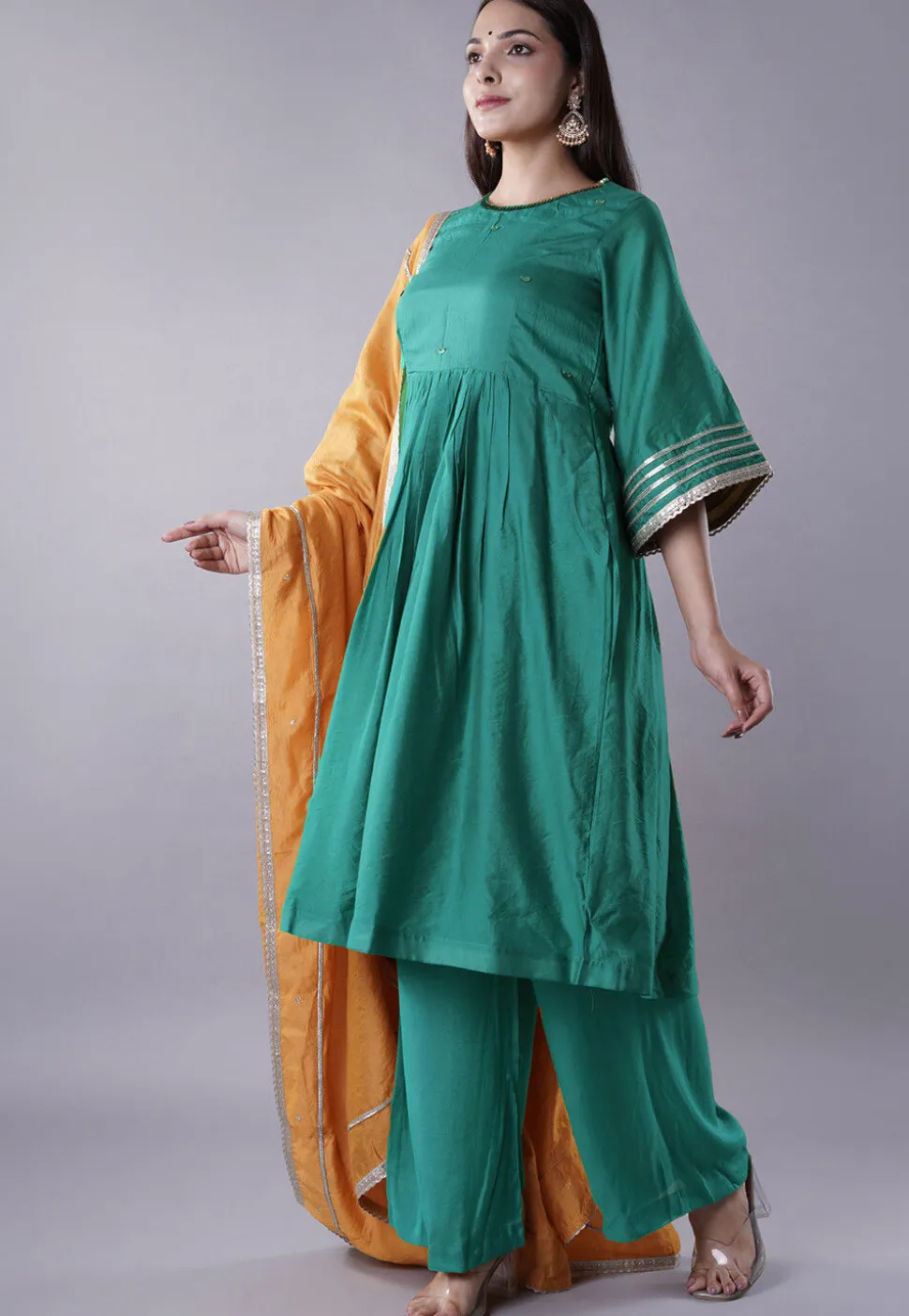 Embellished Chanderi Cotton Pakistani Suit in Green