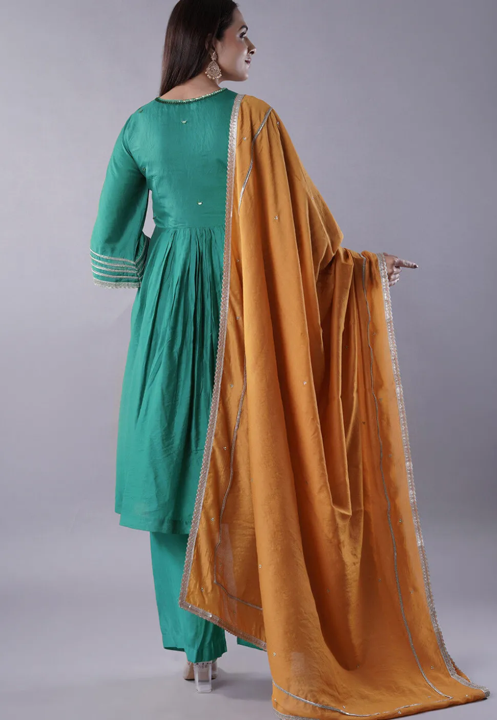 Embellished Chanderi Cotton Pakistani Suit in Green