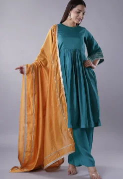 Embellished Chanderi Cotton Pakistani Suit in Teal Blue