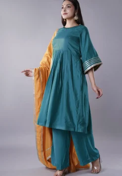Embellished Chanderi Cotton Pakistani Suit in Teal Blue