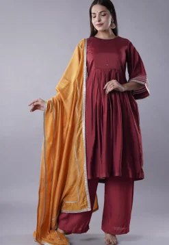 Embellished Chanderi Cotton Pakistani Suit in Maroon