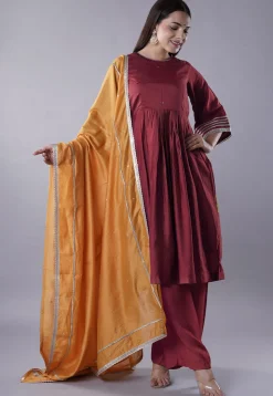 Embellished Chanderi Cotton Pakistani Suit in Maroon