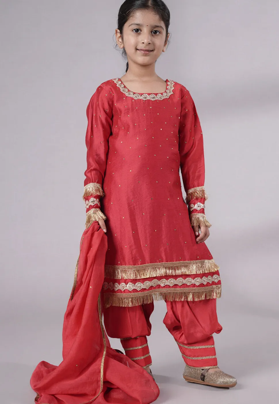 Embellished Chanderi Silk Punjabi Suit in Red