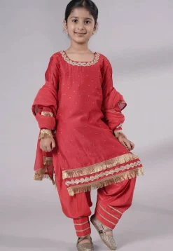 Embellished Chanderi Silk Punjabi Suit in Red