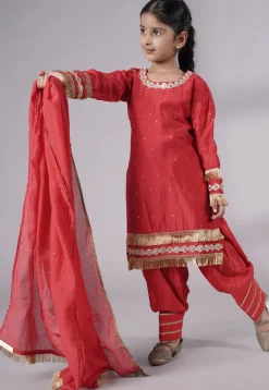 Embellished Chanderi Silk Punjabi Suit in Red