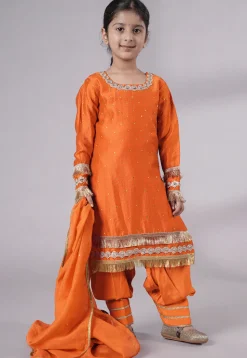Embellished Chanderi Silk Punjabi Suit in Orange