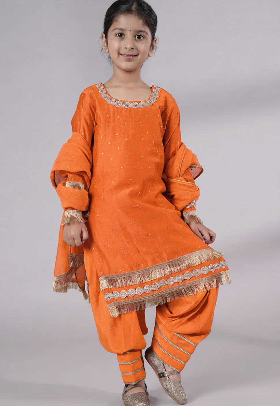 Embellished Chanderi Silk Punjabi Suit in Orange