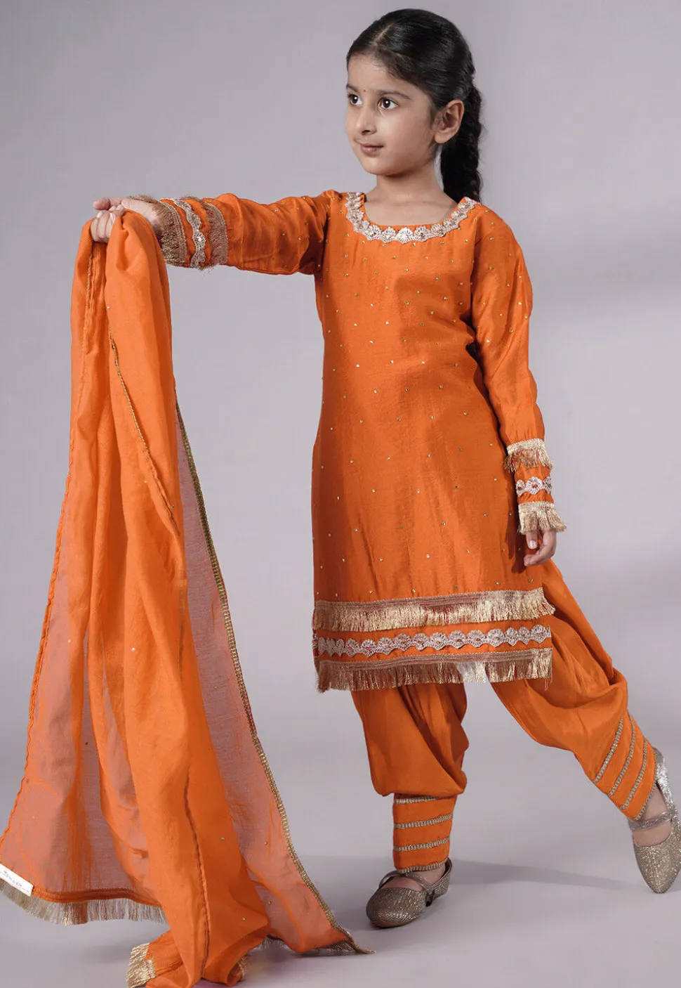 Embellished Chanderi Silk Punjabi Suit in Orange