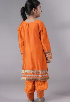 Embellished Chanderi Silk Punjabi Suit in Orange