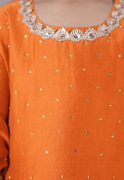 Embellished Chanderi Silk Punjabi Suit in Orange