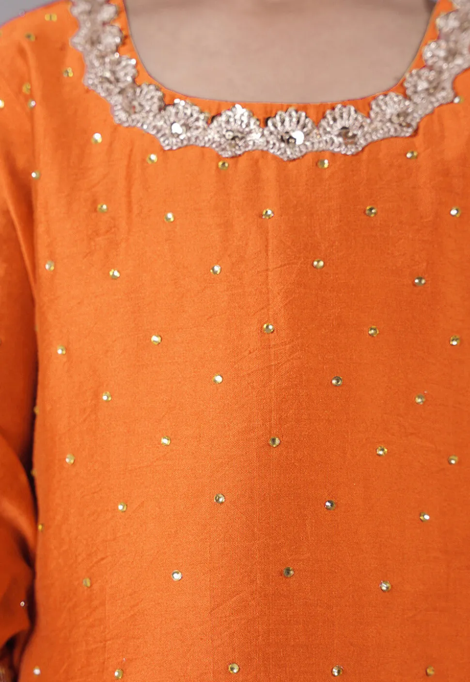 Embellished Chanderi Silk Punjabi Suit in Orange