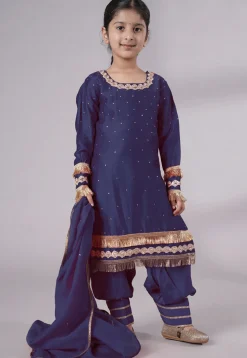 Embellished Chanderi Silk Punjabi Suit in Navy Blue