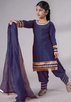 Embellished Chanderi Silk Punjabi Suit in Navy Blue