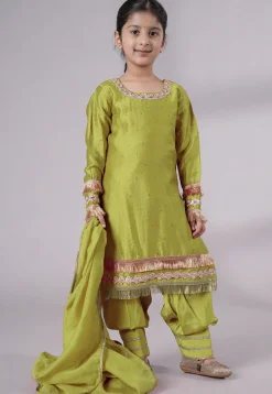Embellished Chanderi Silk Punjabi Suit in Olive Green