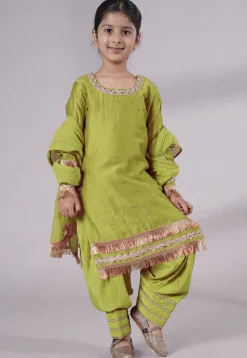 Embellished Chanderi Silk Punjabi Suit in Olive Green