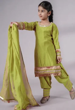 Embellished Chanderi Silk Punjabi Suit in Olive Green