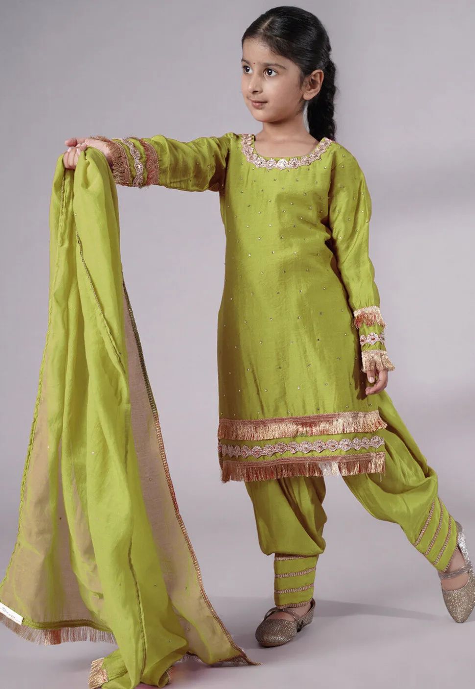 Embellished Chanderi Silk Punjabi Suit in Olive Green