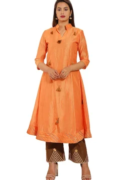 Embellished Chanderi Silk A Line Kurta in Orange
