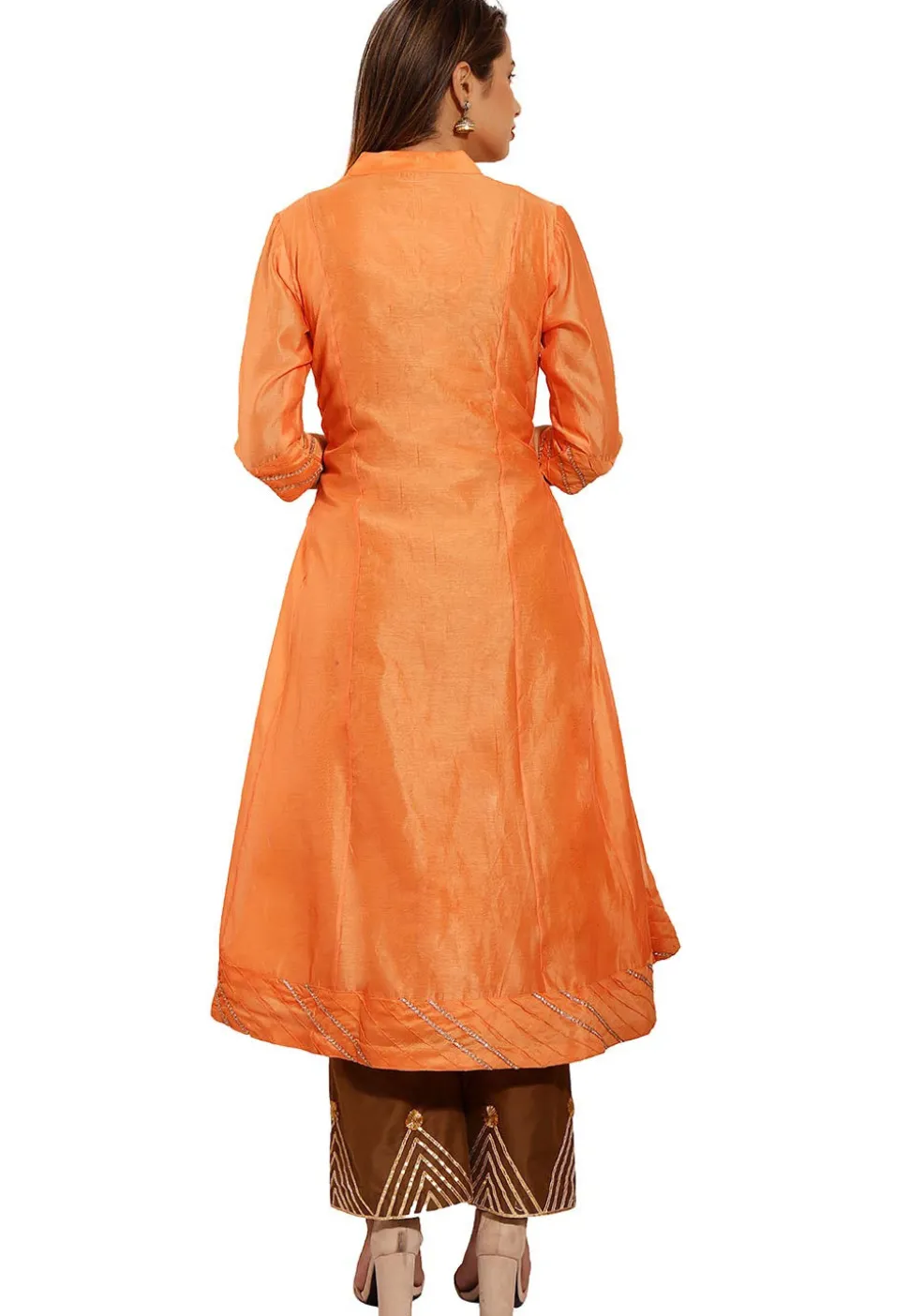 Embellished Chanderi Silk A Line Kurta in Orange
