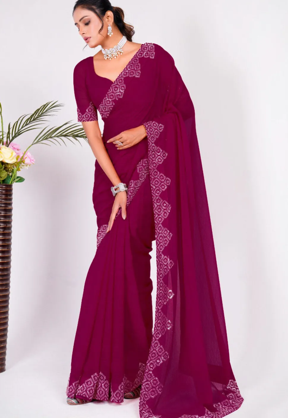 Embellished Chiffon Saree in Fuchsia