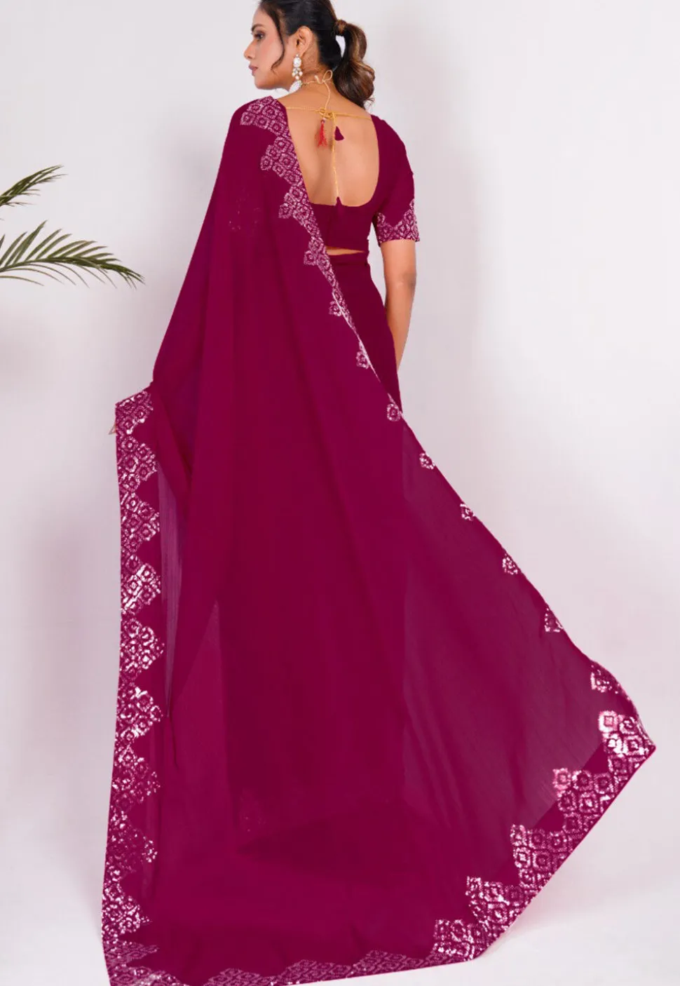 Embellished Chiffon Saree in Fuchsia
