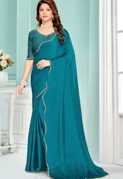 Embellished Chiffon Saree in Teal Blue