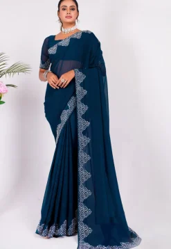 Embellished Chiffon Saree in Navy Blue