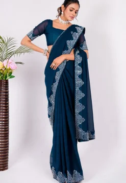 Embellished Chiffon Saree in Navy Blue