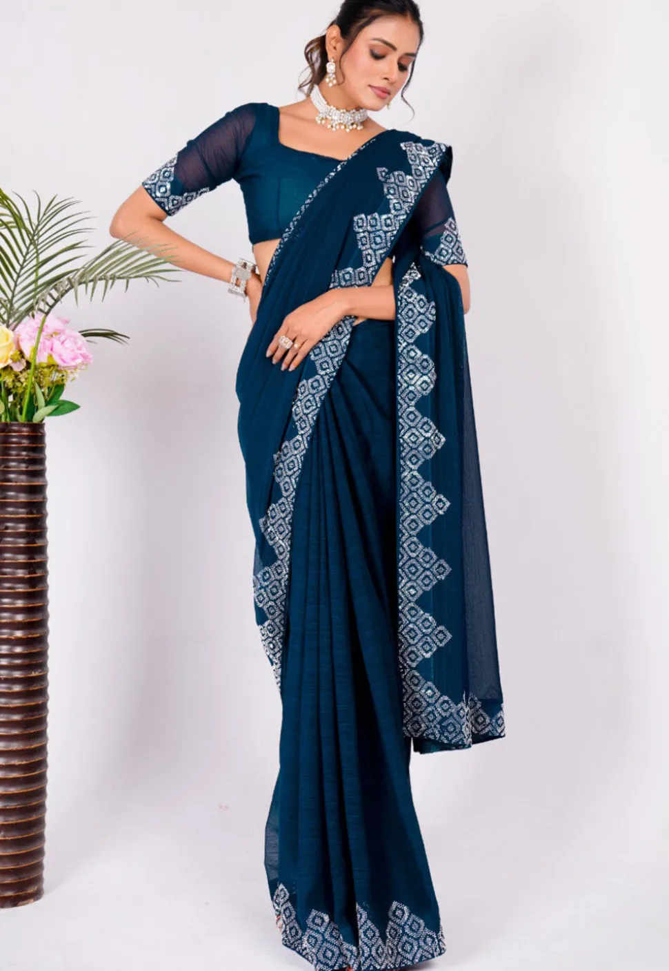 Embellished Chiffon Saree in Navy Blue