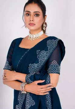 Embellished Chiffon Saree in Navy Blue