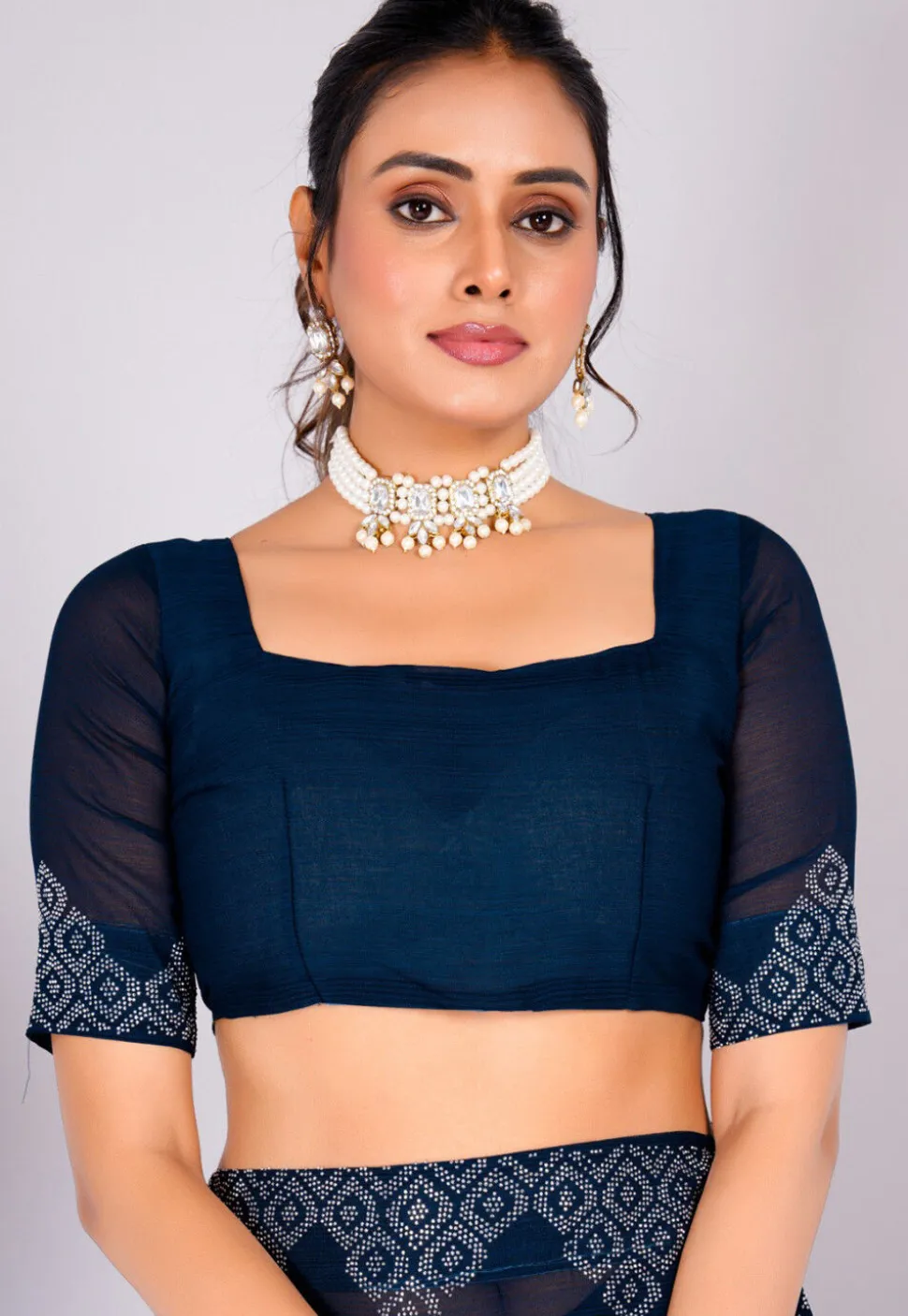 Embellished Chiffon Saree in Navy Blue