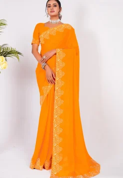Embellished Chiffon Saree in Mustard