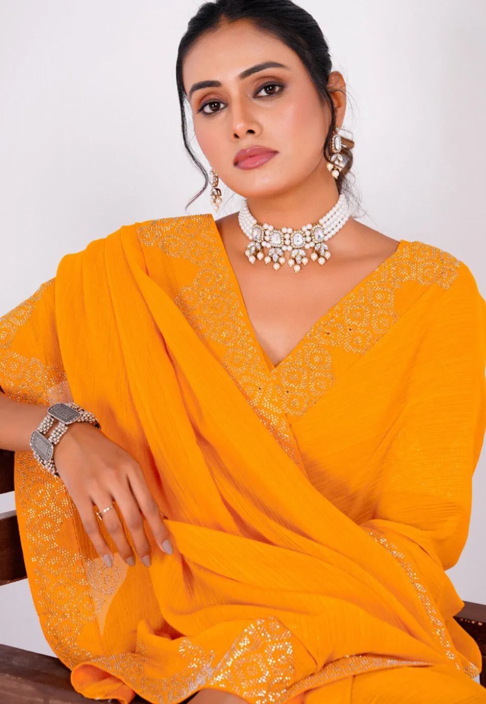Embellished Chiffon Saree in Mustard